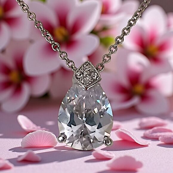 Monet Pear Shaped Crystal Necklace Large Silver Tone Sparkly Vintage Wedding - Picture 14 of 16
